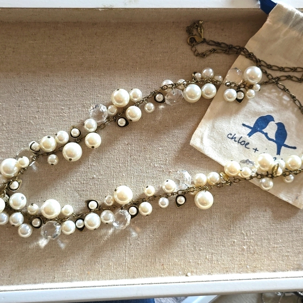 Pearl crystal drop necklace in antique gold